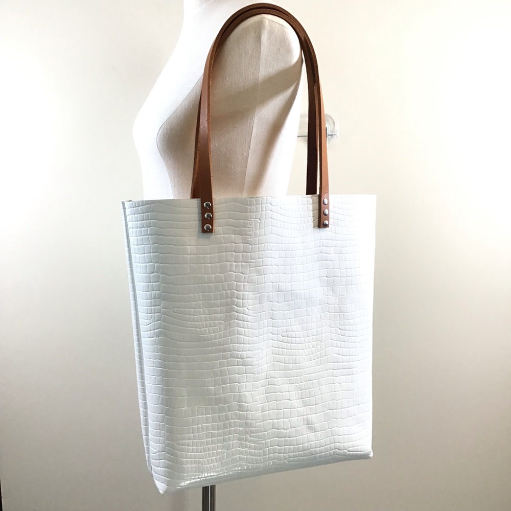 New Handmade croc embossed white leather large unlined tote shoulder handbag